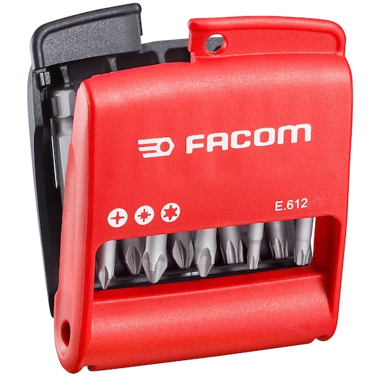 Photo of Facom screwdriver bit set E.612, red and black case, front angle, showing multiple bits.