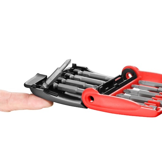 Photo of Facom E_611 screwdriver bit set in a red and black case held open, bits visible, side angle, white background.