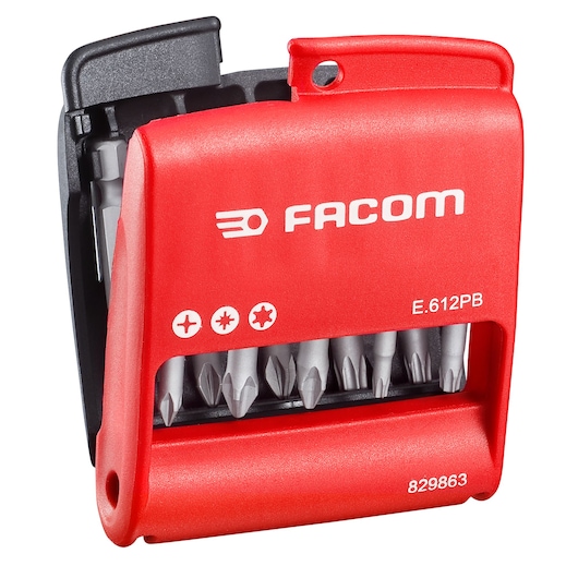 Facom E612PB red bit set with visible assorted screwdriver bits in compact plastic case, front angle.