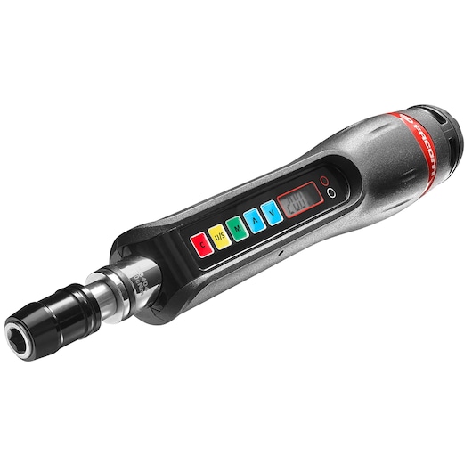 Facom E_S404 digital torque screwdriver with colored control buttons, LCD display, and black handle, side angle.