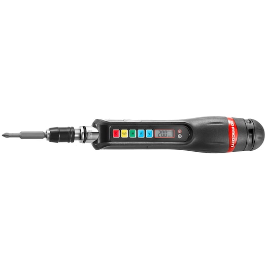 Facom E_S404 electronic torque screwdriver with digital display and colored buttons, side angle on white background.