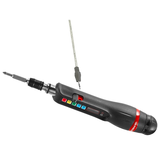 Facom E_S404 digital electric screwdriver, black handle with colored buttons, side view, charging cable.