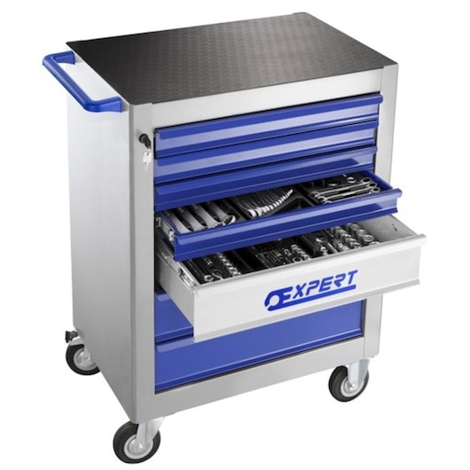 Facom E010160 blue and silver rolling tool cabinet with open drawers revealing organized tools, front angle.