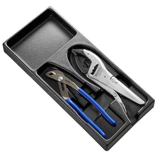 Facom E010504 pliers and locking pliers set in a black tray, blue handles, photographed from above on white background.