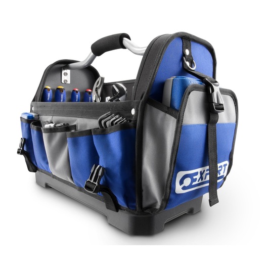 Facom E010601 blue and gray tool bag filled with hand tools, side angle on white background.