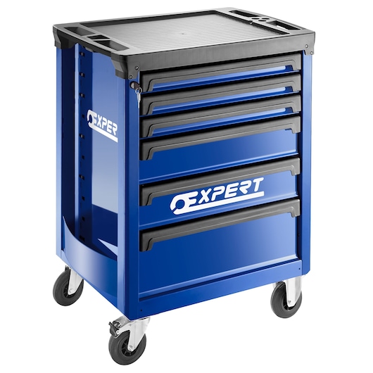 Facom E011206 blue rolling tool cabinet with five drawers, black handles, and side branding, front angle.