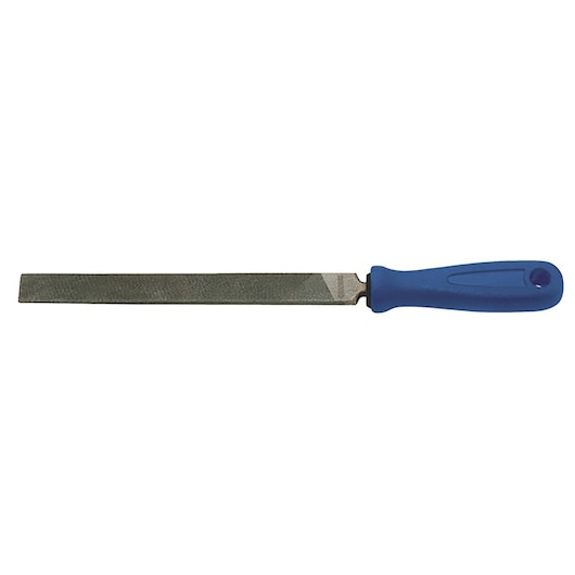 Facom E020602 flat metal file with blue handle, side view, photography on white background.