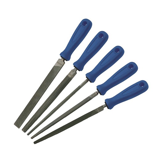 Facom E020613 photography of five metal files with blue handles, assorted shapes, top view, white background.