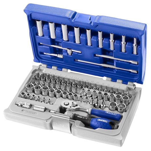 Facom E030707 socket and ratchet set in blue and gray plastic case, photographed from above on white background.