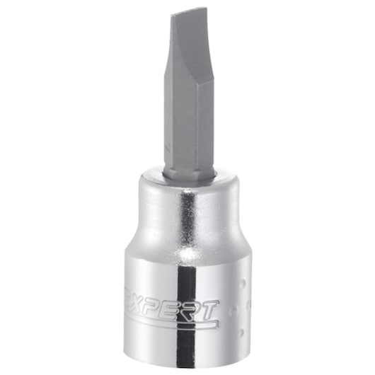 Facom E030911 slotted screwdriver socket bit, silver finish, upright angle, on white background.