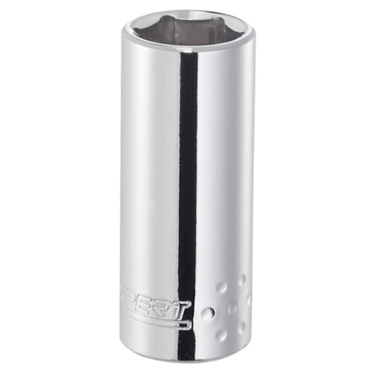 Facom E031508 chrome socket tool, cylindrical, 6-point, side angle on white background.