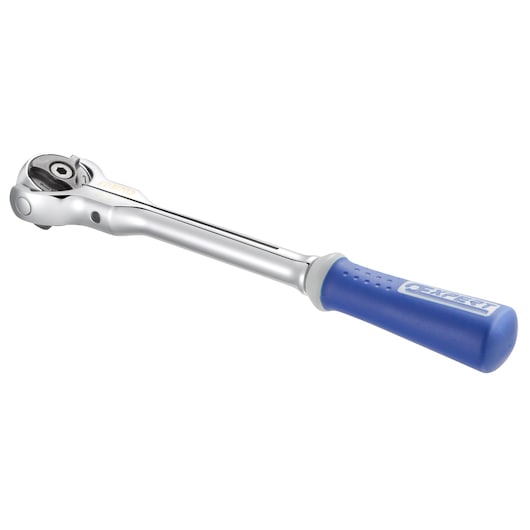 Facom E031703 ratchet wrench with chrome finish, blue ergonomic handle, front angle, white background.