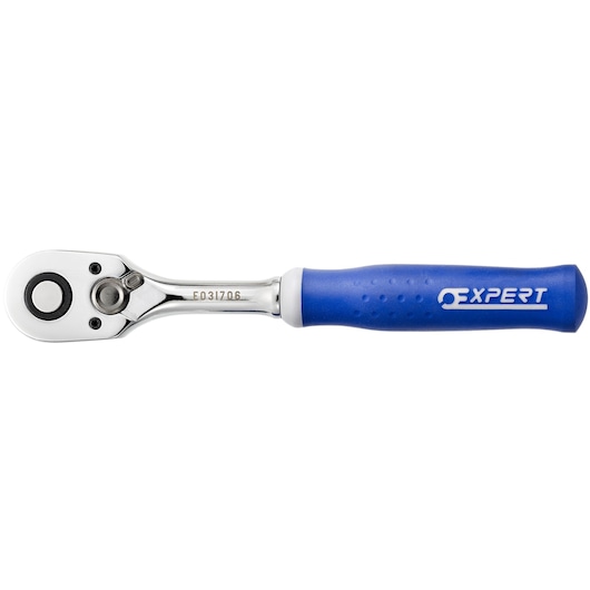 Facom E031706 ratchet wrench with blue ergonomic handle, top view on white background.