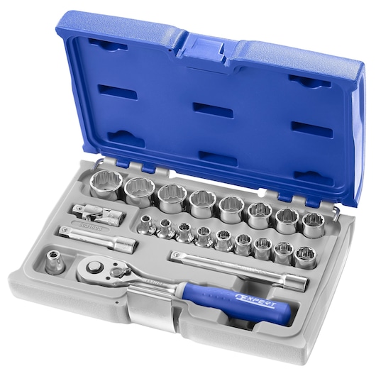Facom E031805 socket set with ratchet and accessories in blue plastic case, top angle photo.