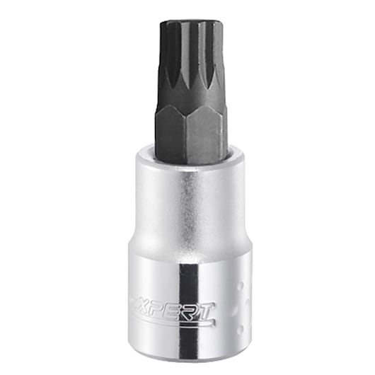 Facom E031972 socket bit, silver body with black splined tip, product photography, front angle.