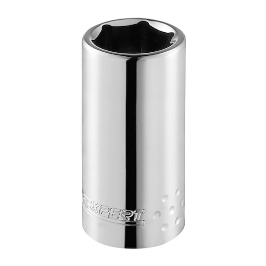Facom E032103 chrome long socket, side angle photo on white background.
