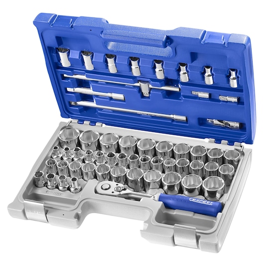 Facom E032909 socket wrench set in blue and gray carrying case, photography from front angle.