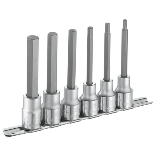 Facom E032941 hex bit socket set, six pieces in varying sizes, silver finish, on a metal rail, front angle.
