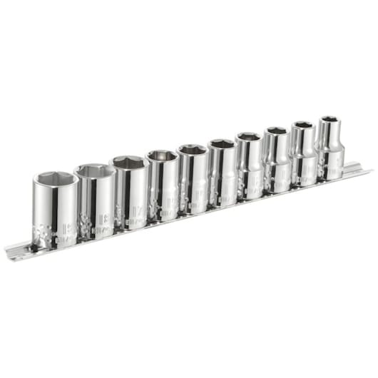 Facom E034837 socket set, ten chrome sockets on a metal rail, angled view, white background.