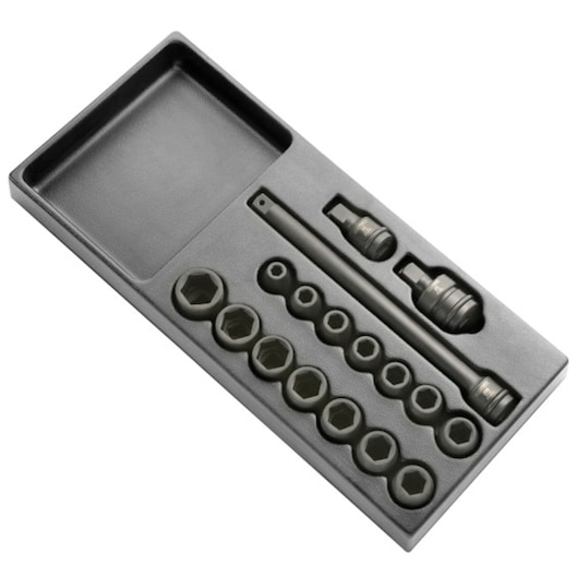 Facom E040601 socket and accessory set in black foam tray, top angle on white background.
