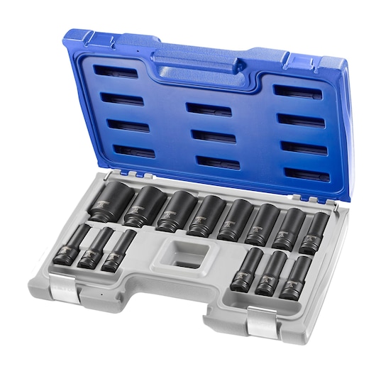 Facom socket set E041602 in gray and blue hard case, open top view, assorted black sockets organized inside.