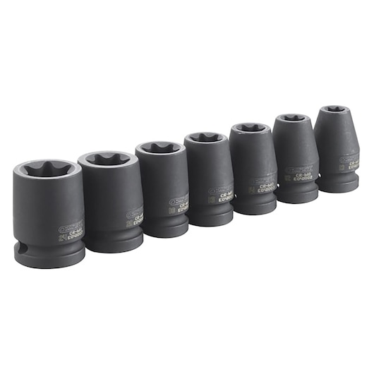 Facom E041605 black socket set, seven pieces, side angle, on white background.