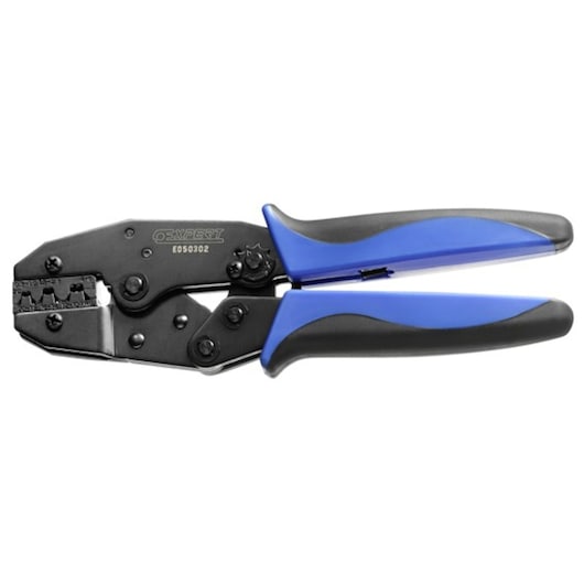 Facom E050302 crimping tool with black metal jaws, blue and black ergonomic handles on white background.