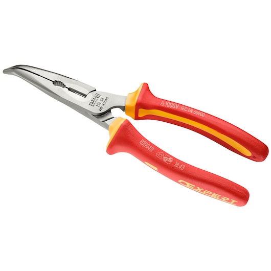 Facom E050411 insulated long nose pliers, red and yellow handles, angled view, photography.