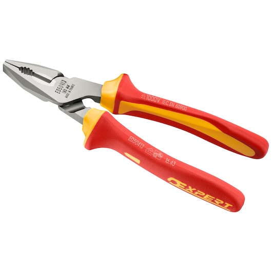 Facom E050412 insulated combination pliers with red and yellow handles, side angle, white background.