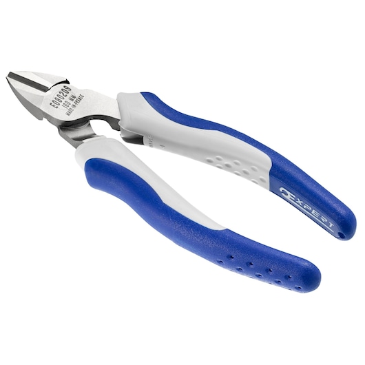 Facom E080209 diagonal cutting pliers with blue and white handles, angled view on white background.