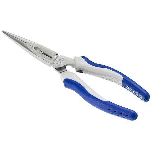 Facom E080407 long nose pliers with blue and white handles, angled view, white background.