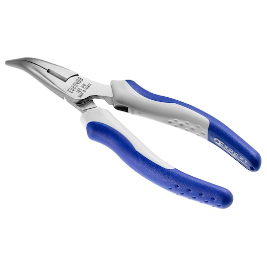 Facom E080409 bent nose pliers with blue and white grip, side angle on white background.