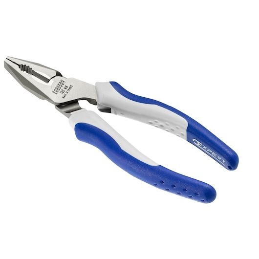 Facom E080505 combination pliers with blue and white ergonomic handles, angled view, white background.