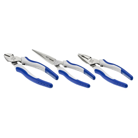 Facom E080816 plier set with blue and white handles, three types shown on white background, side angle.