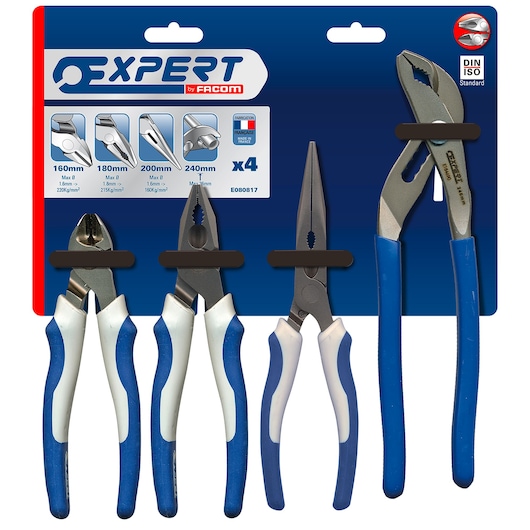 Set of four Facom Expert pliers in retail packaging. The set includes diagonal cutting pliers, combination pliers, long nose pliers, and water pump pliers, all with blue and white handles.
