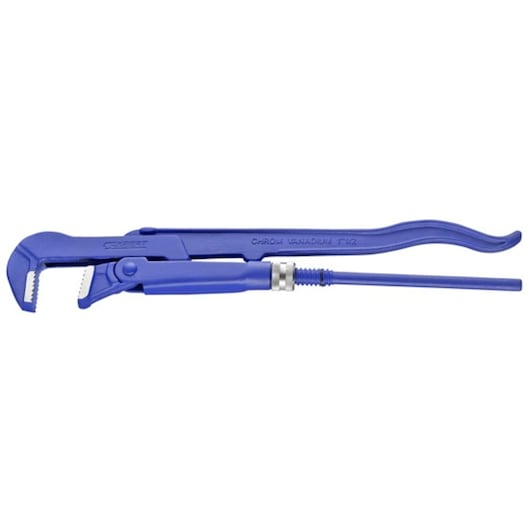 Facom E090113 blue pipe wrench with serrated jaws, metal handle, side view on white background.