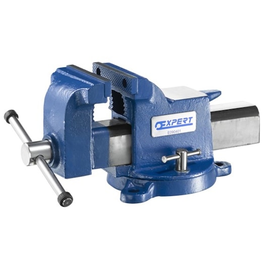 Facom E090402 bench vise, blue metal, side angle on white background.