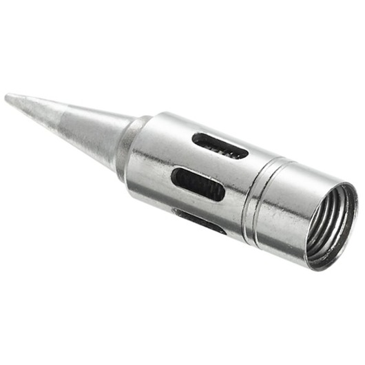Facom E090502 soldering iron tip, silver, cylindrical shape, side angle, photography.