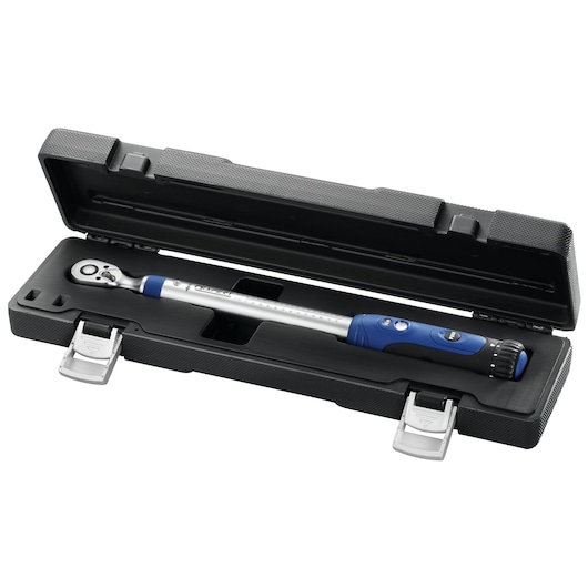 Facom E100105 torque wrench in black hard case, side angle, blue and silver handle, tool photography