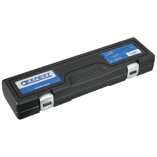 Facom E100106 black plastic tool case with blue EXPERT labels, closed, front angle.