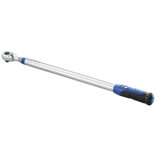 Facom E100109 torque wrench with ratchet head, silver and blue, side angle, tool category.