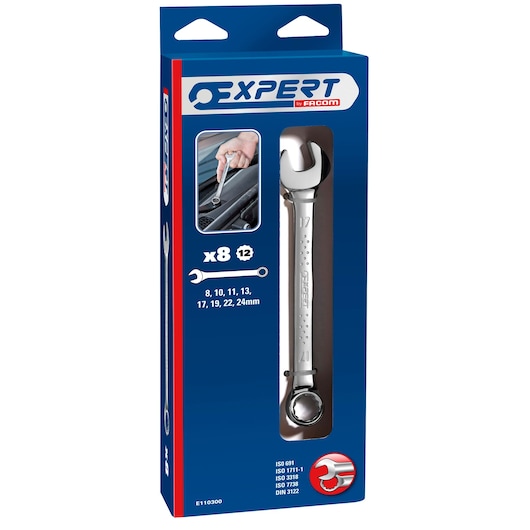Facom E110300 combination ratcheting spanner set in blue packaging, sizes 8-24mm visible, front angle.