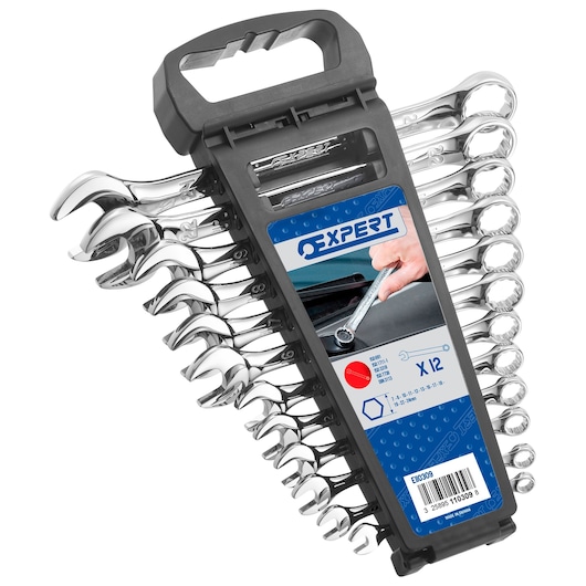 Facom E110309 set of 12 chrome combination wrenches in black plastic carrying holder, side angle.
