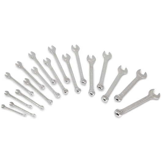 Facom E110313 photography of chrome combination wrench set arranged in semi-circle, white background.