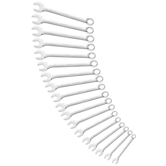 Facom E110326 combination spanner set, 16 silver wrenches in graduated sizes, top view on white background.
