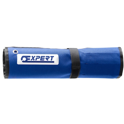 Facom E110327 blue Expert tool roll with black trim and strap, side angle on white background.