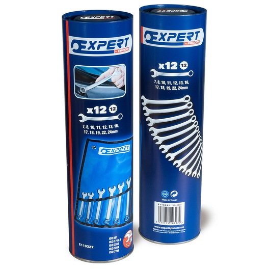 Facom E110327 wrench set in blue cylindrical packaging, showing 12 combination wrenches and pouch, front and back view.