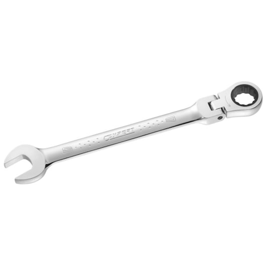 Facom E110908 silver ratcheting combination wrench, open-end and flex-head, angled on white background.