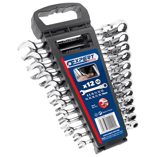 Facom E111102 combination wrench set, 12 pieces in a plastic holder, chrome finish, front angle on white background.