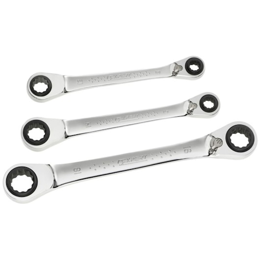 Facom E111115 set of three ratcheting wrenches, silver finish, photography on white background.